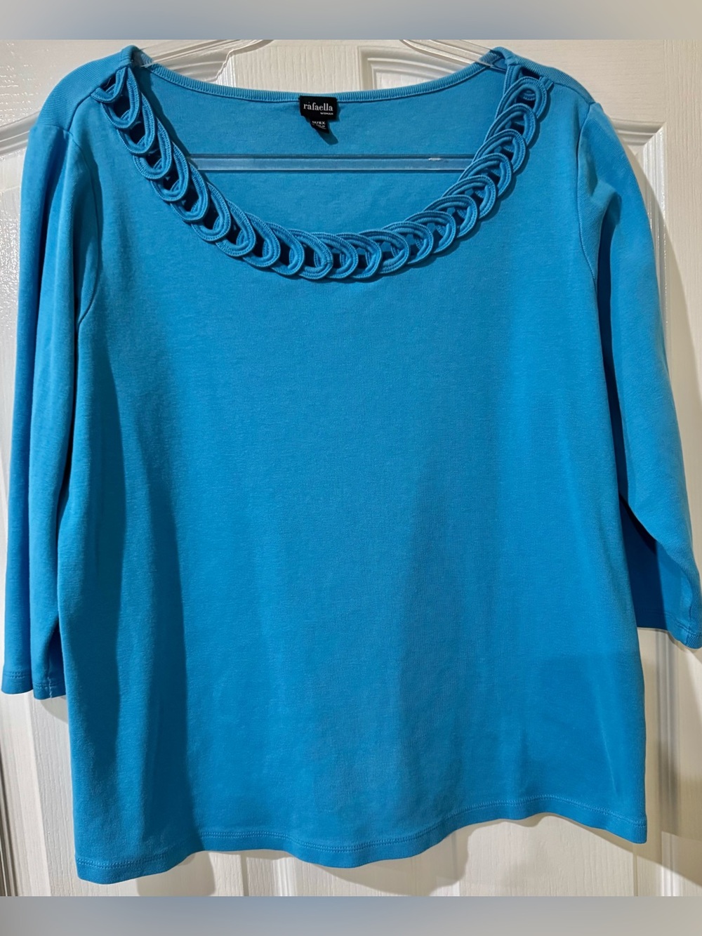 Rafaella Blue Scoop Neck 3/4 Sleeve Top with Loop Trim 1X